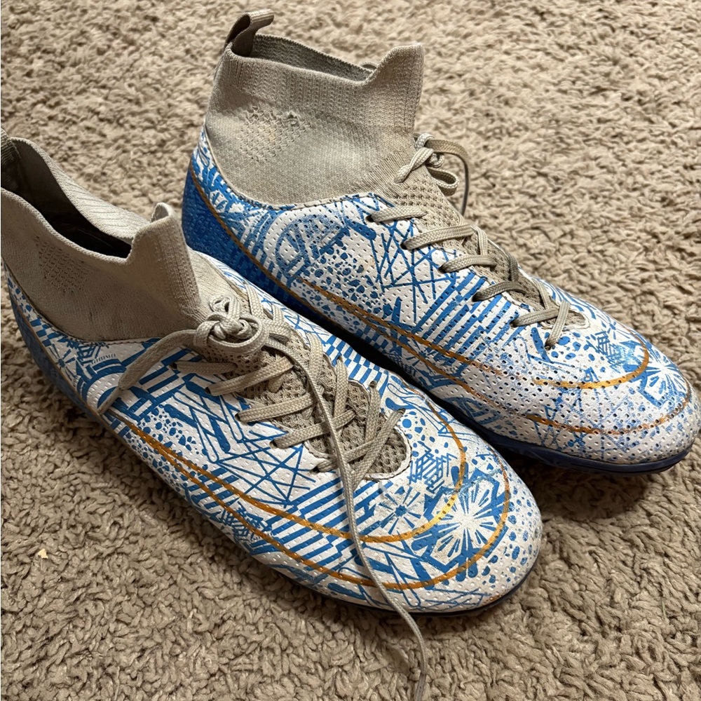 Blue and White Patterned turf cleats
